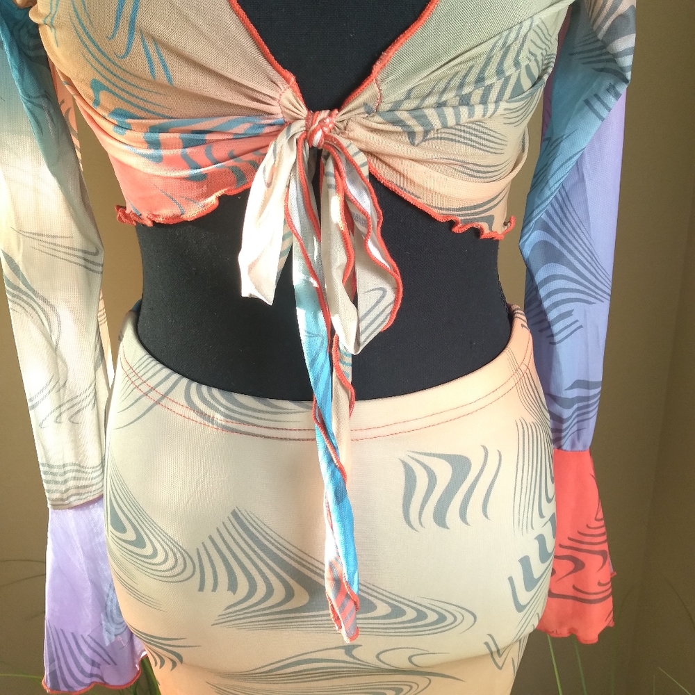 Women's Two-piece Bright Color Mesh Tie Up Shirt w/Skirt- Size Medium NWOT - Picture 7 of 17